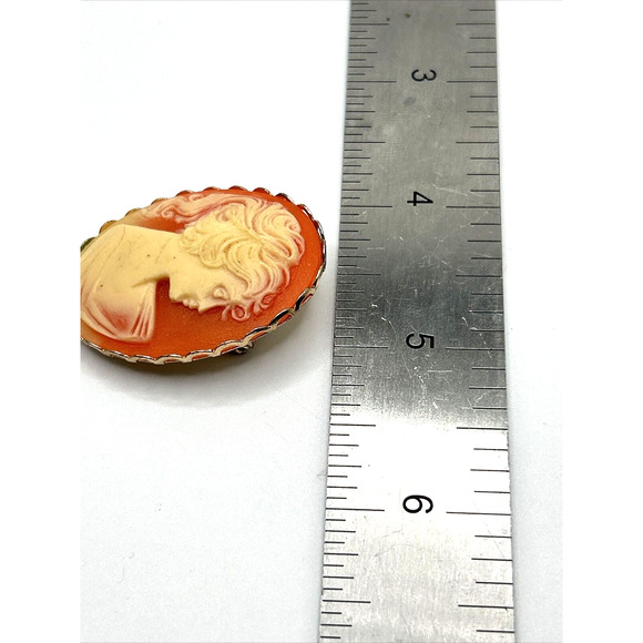 VINTAGE Gold Tone Lady CAMEO Pin Brooch Orange And Cream - Picture 8 of 8